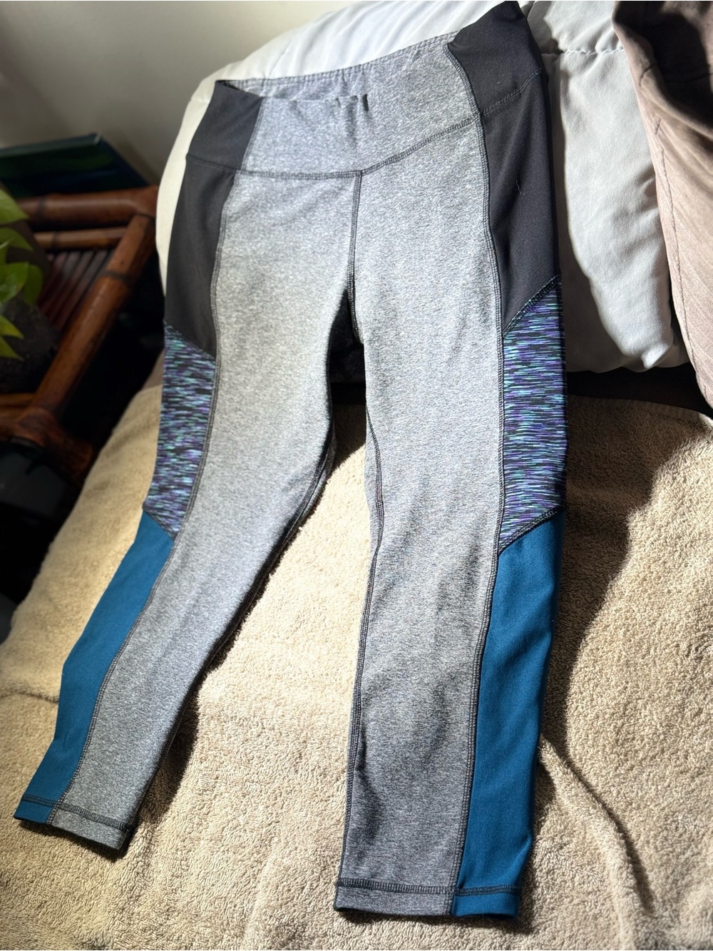 Gray and Teal Athletic Leggings with Colorblock Panels